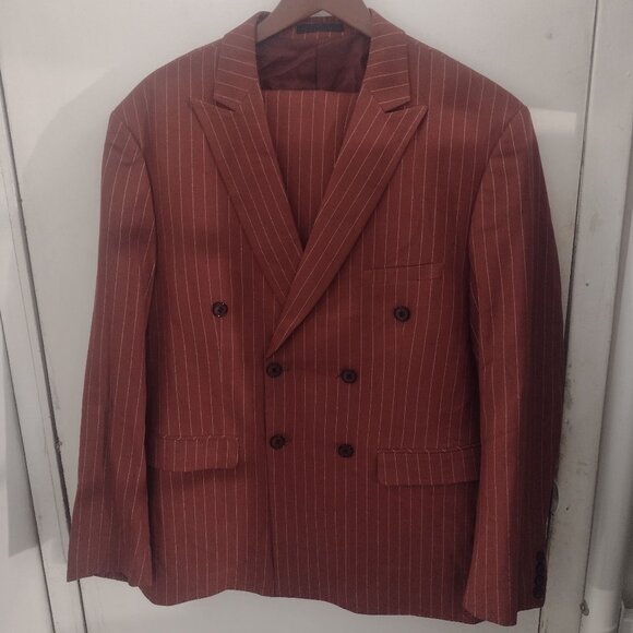 YND Slim Fit Double-Breasted Pinstripe Suit, Red 3XL, ALTERED CUFFS & LEGS - Picture 1 of 7